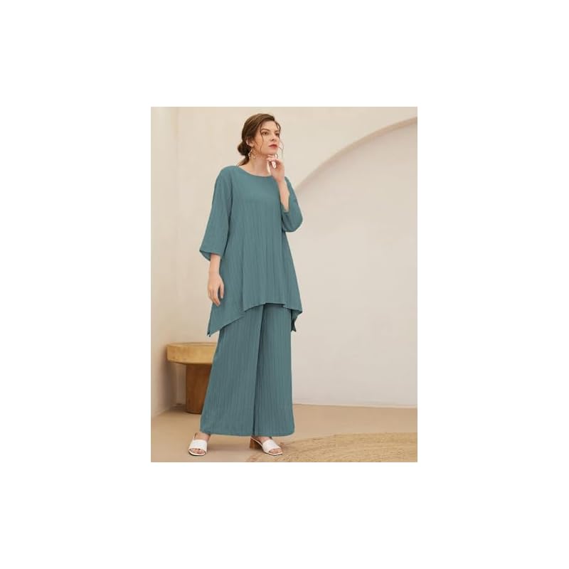 TADKEE Women s Solid Color Round Neck 3/4 Sleeve Co-ord Set | Casual Wear Co ord Set | Kurta Set for Women (FN-Round-Sug 2XL зелёный