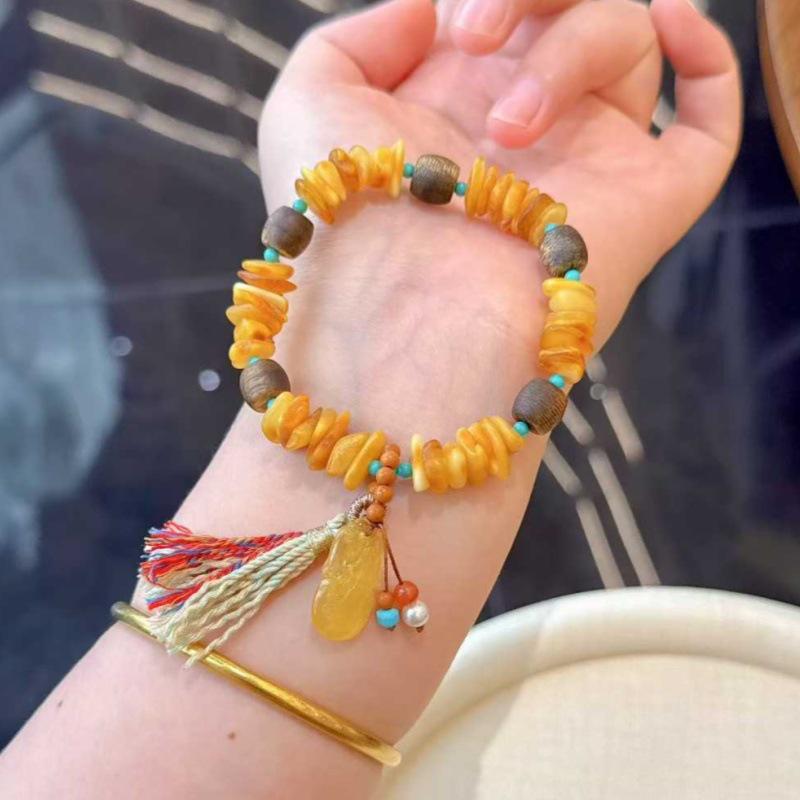 Chinese Style Amber and Agarwood Tassel Bracelet for Women