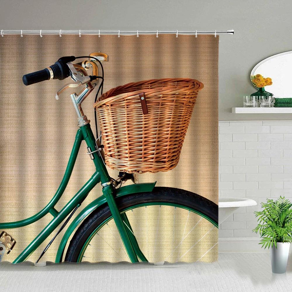 Retro Old Street Building Bicycle Landscape Shower Curtains European Style Poster Bathroom Curtain Waterproof Fabric With Hooks