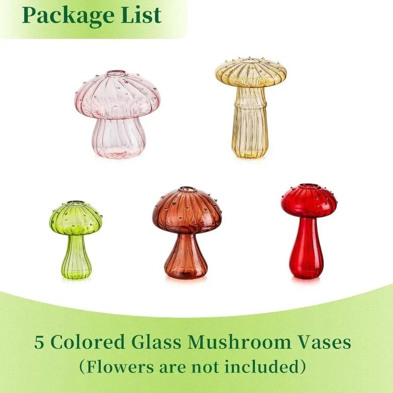 5Pcs Glass Mushroom Flower Vase Cute Colored Glass Vase Unique Bud Small Vase Flowers, Aesthetic Decorative Vases for Home Decor