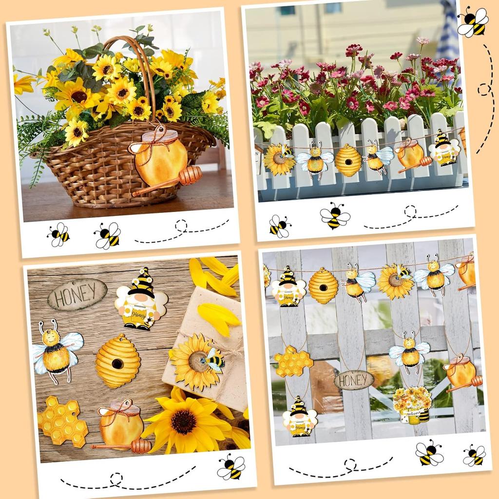 Karenhi 36 Pcs Bee Gnome Wooden Ornament Yellow Honeybee Gnome with Hat Hanging Decor Summer Tree Ornaments with String Bee Themed Party Favors for