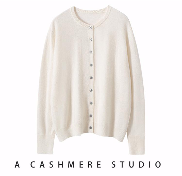 2026 Autumn Women's 100% Cashmere Round Neck Cardigan - High-End Long Sleeve Knit Short Jacket Top