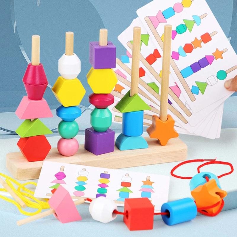 Learning Plugging Block Toy Shape & Color Sorting Game Wooden Beading Toy Stacking Puzzle Interactive Toddler Fun Gift