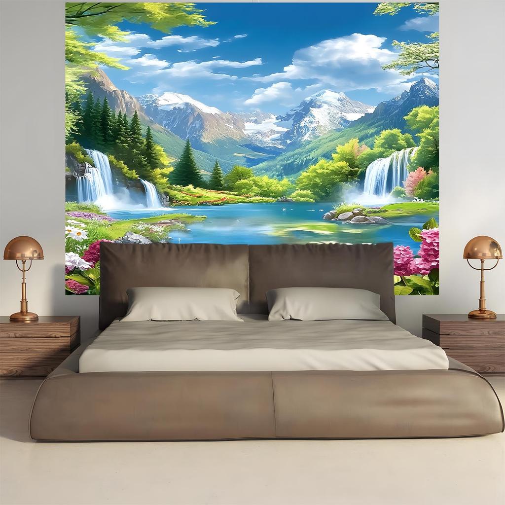 2D Plane Mountain Scenery Waterfall Flower Background Fabric Indoor and Outdoor Event Decorations Polyester Fiber