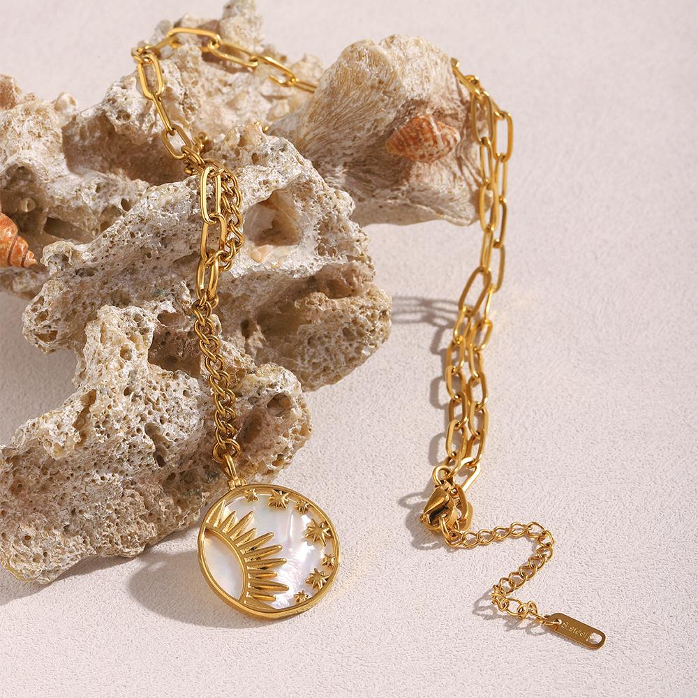 MamacitaSlay Unique 316L Stainless Steel Shell Sun Star Necklace Waterproof 18K Gold Plated Neck Jewelry Women's Elegant Gift