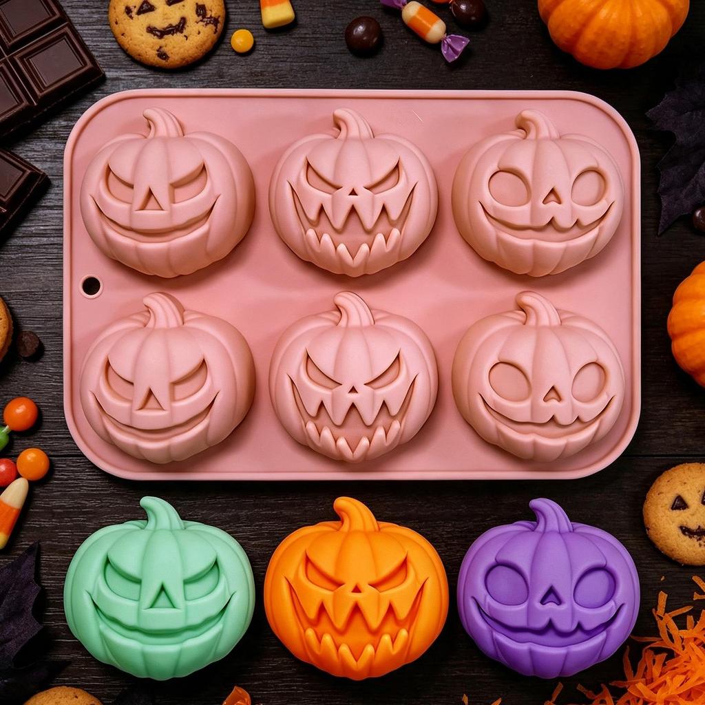 6-Cavity Silicone Pumpkin Mold, Non-Stick Baking Mold for Halloween Thanksgiving, Reusable Candy Chocolate Cake Soap Mold