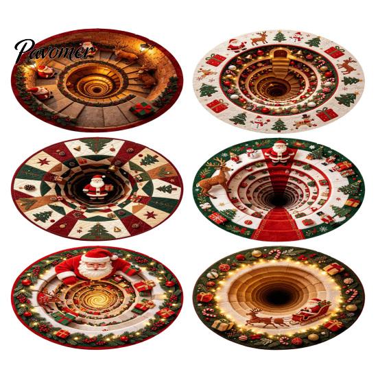 Unique Seasonal Gift Rugs Christmas Round Area Rug, 3D Visual Trap Floor Mat with Santa Elk Print, Soft Crystal Velvet Carpets Non-Slip Stain