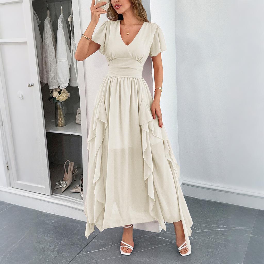 Casual Vacation Style Short-sleeved Cinched-waist Long Dress for Women's Wear Spring/Summer 2025