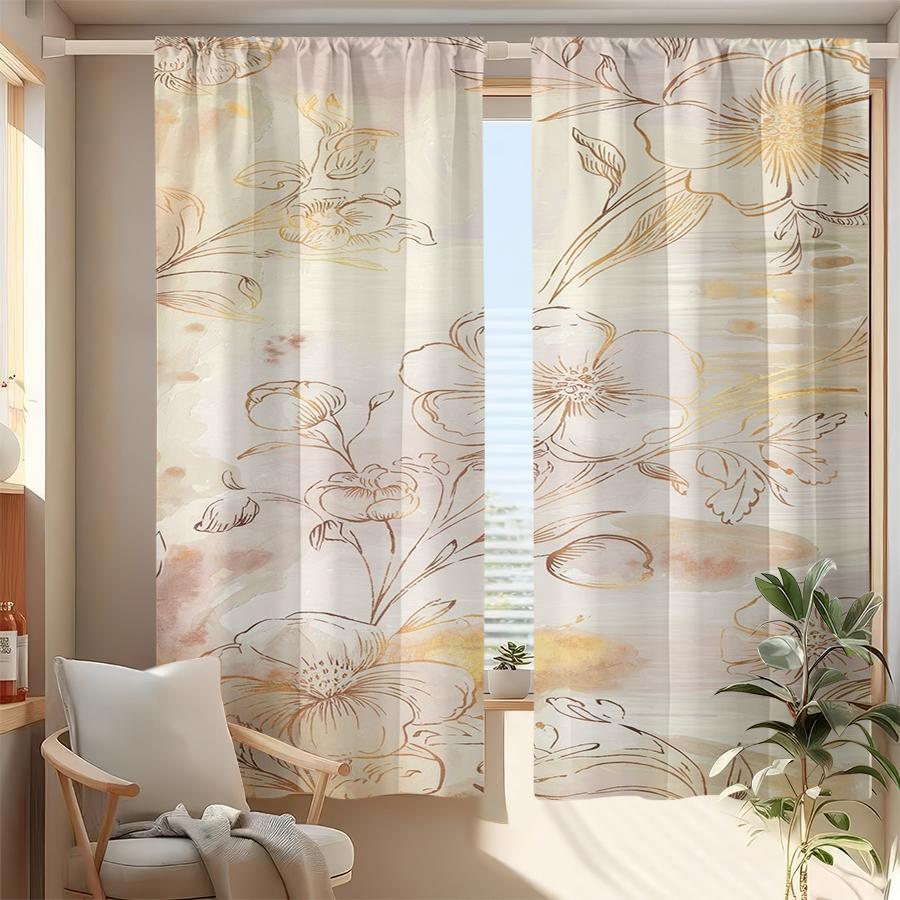 2PCS, Multicolor, Watercolor Floral Print with Gold Line Art Accents Curtains, for Bedroom and Living Room, Rod Pocket Style