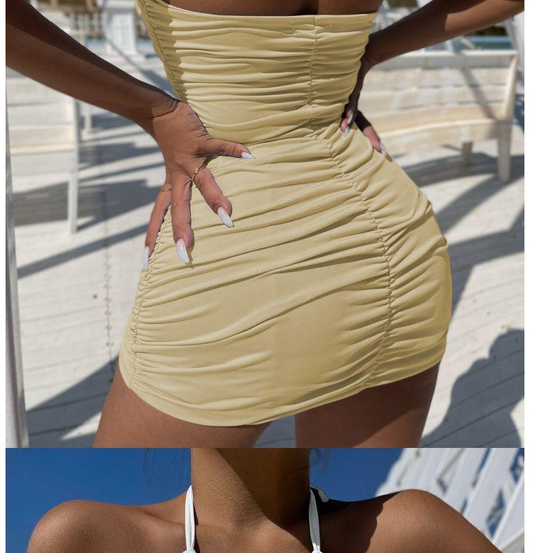 Thai Lace-Up Halter Backless Pleated Bodycon Dress for Women