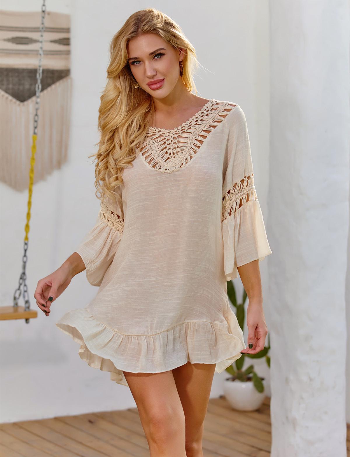 

Шикарный вязаный крючком пляжный топ на бретелях с разноцветными кисточками One Size абрикосовый