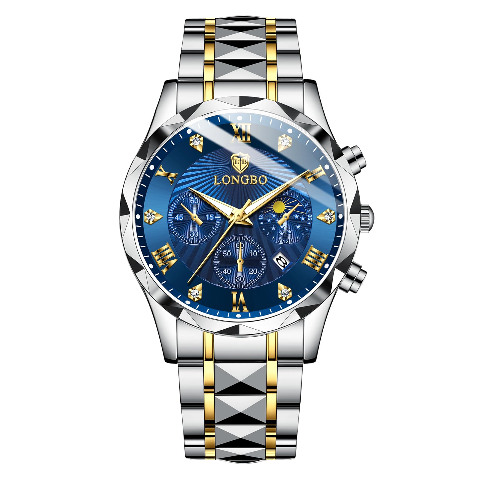 

Stylish Men s Chronograph Wristwatch, Men s Business Quartz Movement, Stainless Steel Band, Sapphire Crystal, Waterproof, Luminous Blue, Best Gift