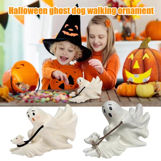 Halloween Ghost Walking Dog Statue Cute Ghost Dog Figurine Resin Ghost Sculpture Tabletop Ornament for Indoor Outdoor Decor