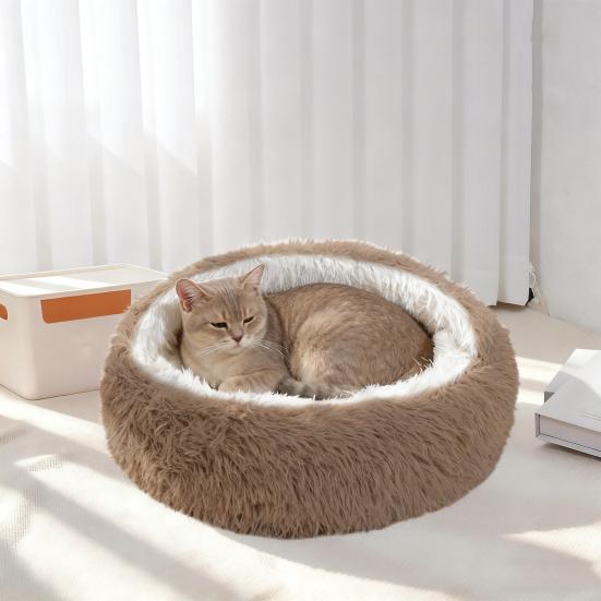 Pet Shell Nest Bed Warm Calming Cat Cave Bed with Hooded Cover Semi Enclosed Fluffy Plush Lined Round Bed for Small Medium Pets
