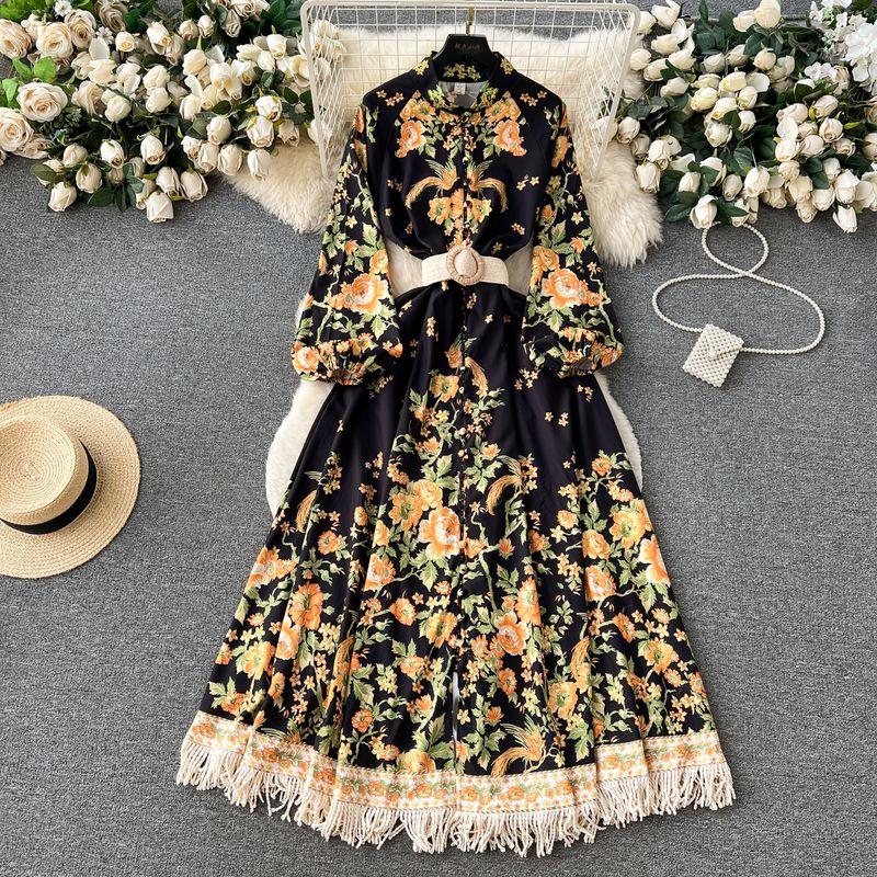 

Palace Style Niche Style Print Long Puff Sleeve Dress Black Yellow S