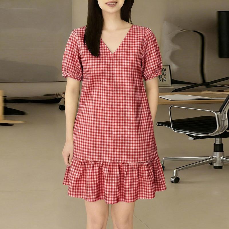 ZANZEA Damen Sommerkleid mit Karomuster, lässig, V-Ausschnitt, kurzärmelig 3XL rot