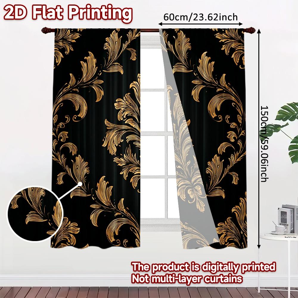 Set Of 2 Flat Printing Curtain Golden Ornamental Flourish Digital Printed Polyester Drapes Family Party Decoration Use Home