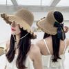 Women Hats 2025 New Lace Bow Sun Hat Woven Straw Breathable Solid Color Outdoor Open-top Sun Protection Beach Hat for Ladies