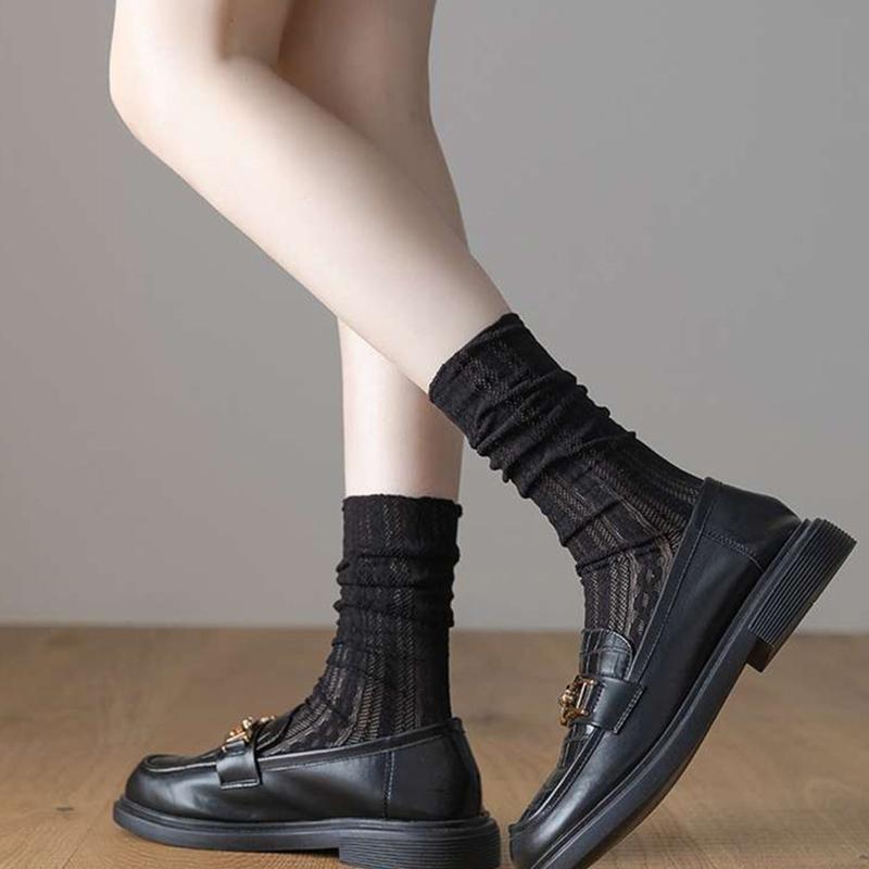 Women Lolita Preppy Style Mesh Lace Crew Socks Twist Striped Jacquard Patterned Solid Color Princess Mid Tube Hosiery