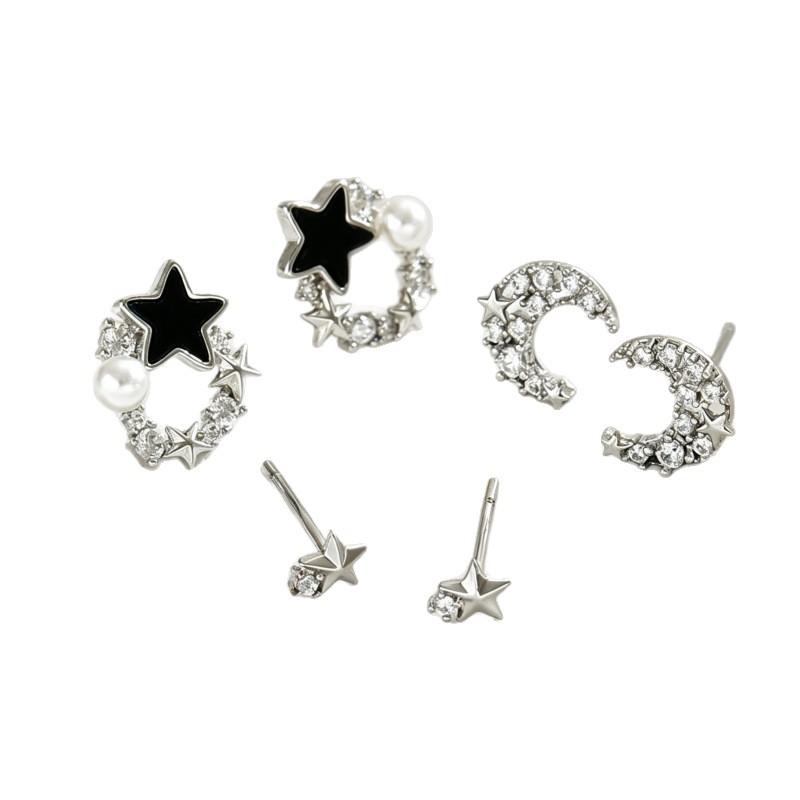 Korean version Korean creative star and moon niche women's stud earrings versatile inlaid zircon full diamond design earrings set