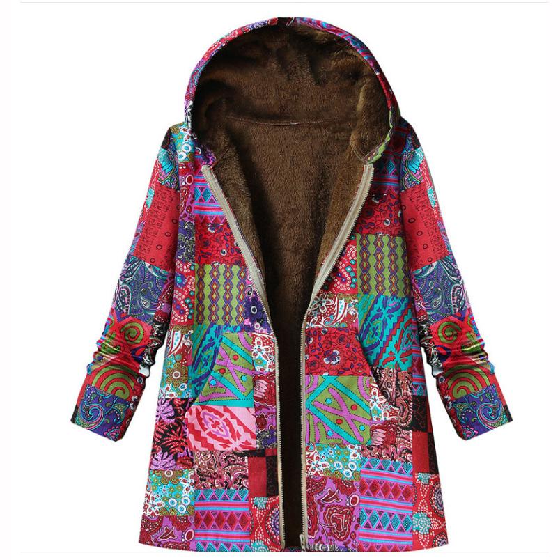 Printed Hooded Long Sleeve Coat Oversized Vintage Women Autumn Winter Warm Plush Jacket Casual