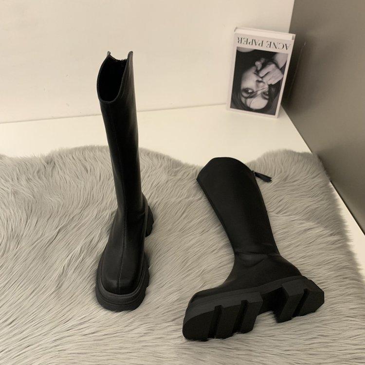 

Женские сапоги на высоком каблуке с длинными трубами, осень/зима, новый стиль, толстая основа, грубые сапоги для езды на велосипеде с V-образным вырезом, стройнящие, коричневые 35 чёрный