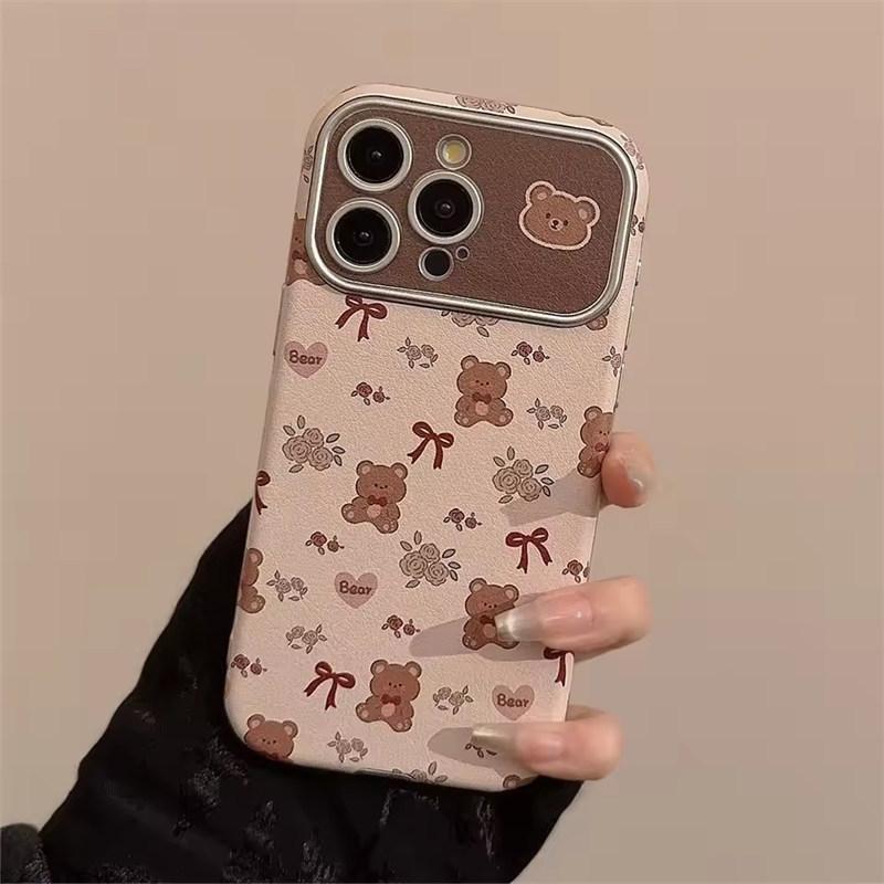Sött tecknad rosettbjörn lädertextur mobilskal för iPhone17 16 15 14 13 12 11 Pro Max Plus kameralins skyddande stötsäkert fodral