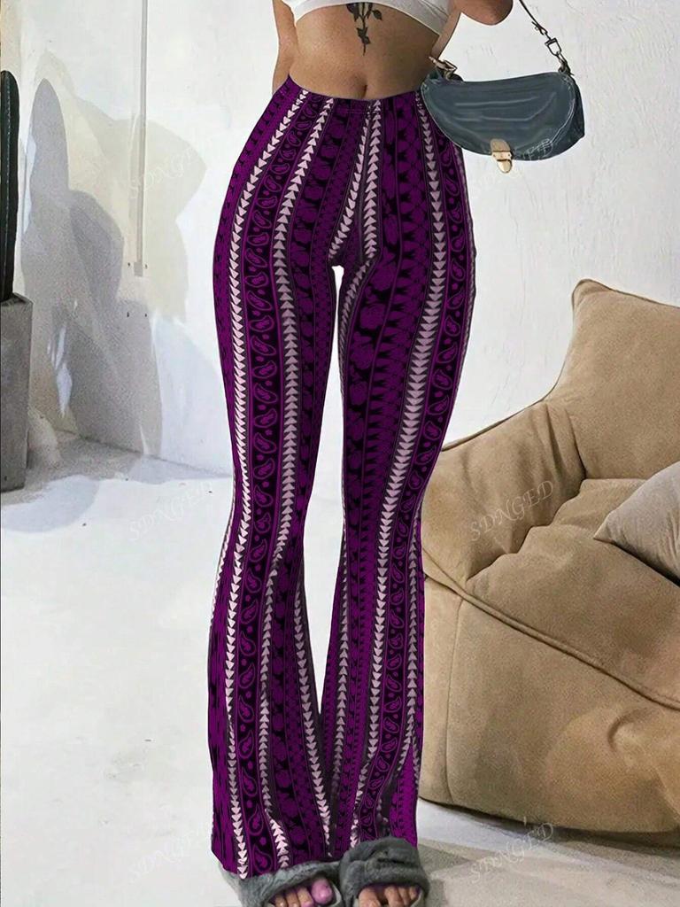 Women's Flared Pants with Paisley and Stripe Pattern, High Waist Bell Bottom Trousers
