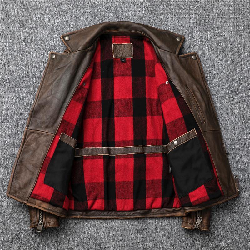 Męska kurtka skórzana w stylu retro w trudnej sytuacji, pierwsza warstwa odzieży skórzanej ze skóry bydlęcej, odzież motocyklowa Stonewashed, odzież motocyklowa