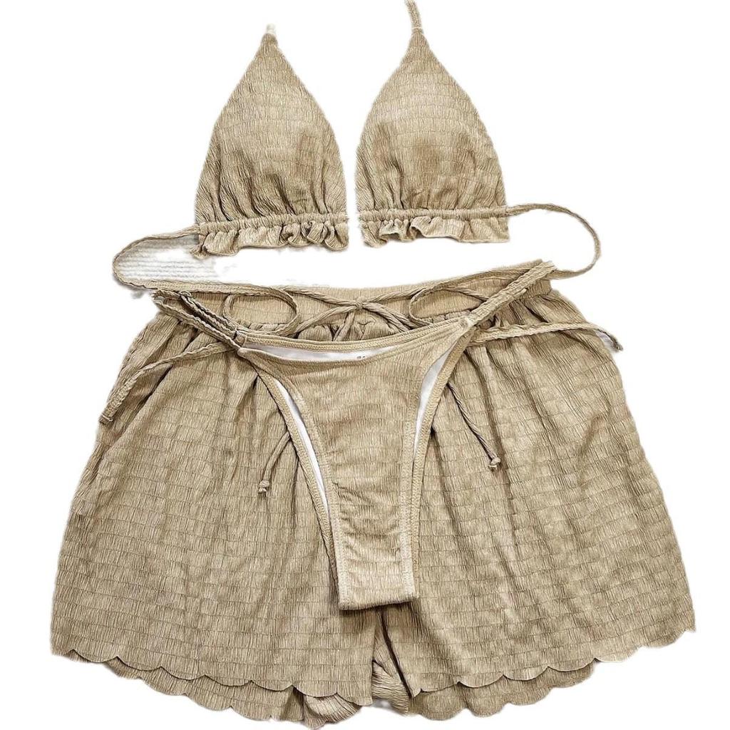 European & American Sexy Solid Color Three-Piece Bikini Set - Special Fabric Women's Beachwear for Vacation