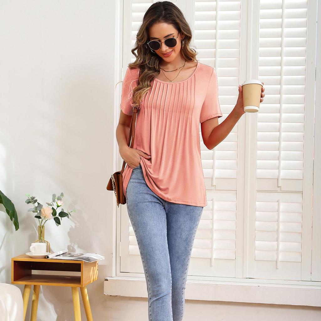 Women’s Shirts Round-neck Short Sleeves Loose Tops Pullover Pleated Stripes T-shirts Solid Color Summer Spring Casual Wear