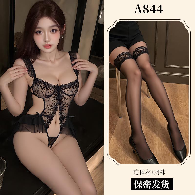 Sexy Lingerie Sexy Lace Embroidered Onesie Women's Hollow Open Pajamas Hot Seduction Uniform A