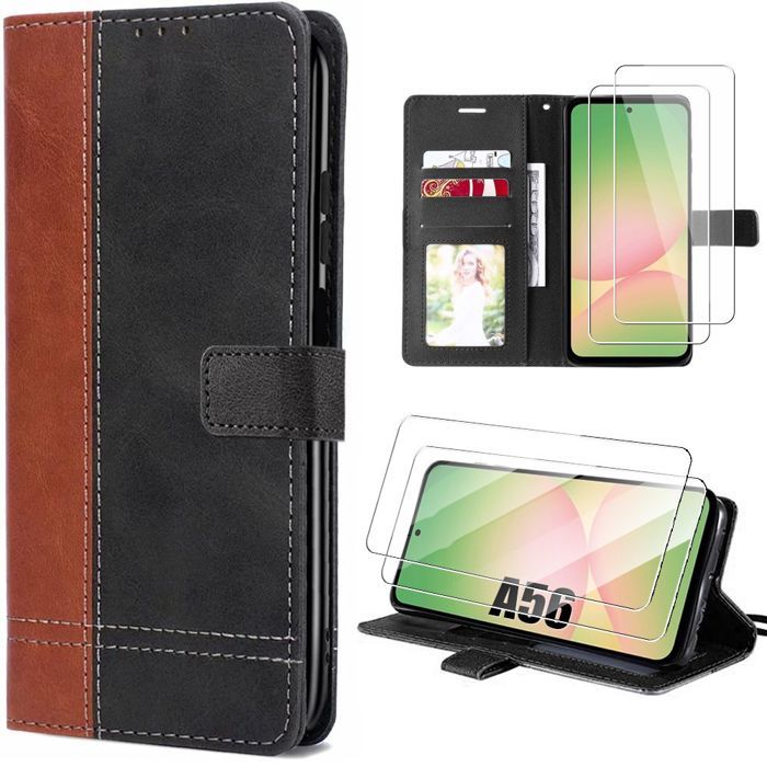 Coque pour Samsung Galaxy A56 5G - BOOLING - Cuir Synthétique Antichoc Marron/Noir - 2 Verres Trempés