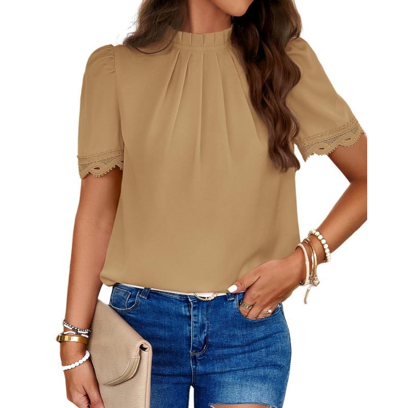 YYFS Damenmode, lässig, Sommer, Frühling, einfarbig, bedruckt, kurzärmelig, O-Ausschnitt, Blusen und Hemden