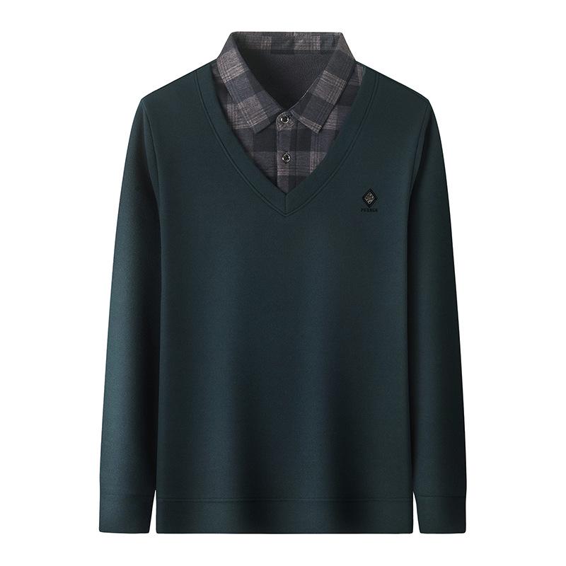 Plus Size Men's Thick Knit Sweater, Velvet Lined, Two-Piece Look, Middle-Aged Loose Fit