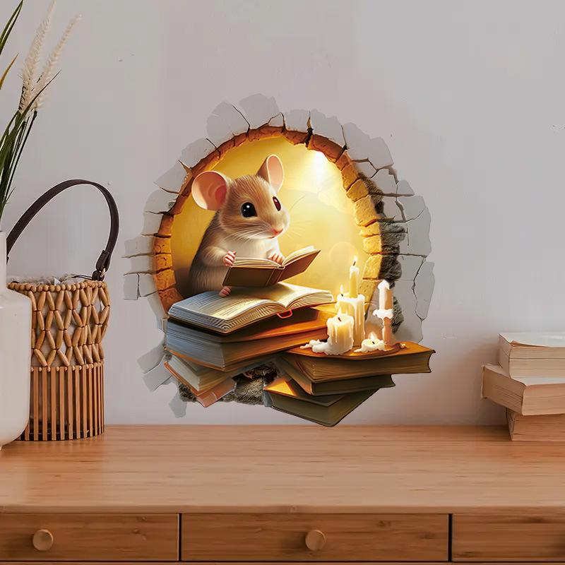 Cozy Cartoon Mouse Reading Book by Candlelight At Mouse Hole Toilet Wall Sticker Self-Adhesive Bathroom Home Decor Art Wholesale