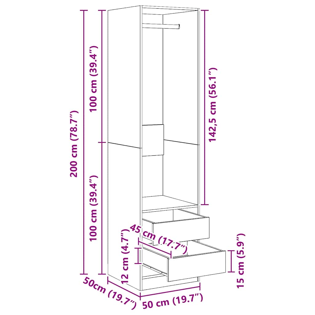 Wardrobe with Drawers Smoked Oak 50 x 50 x 200 cm