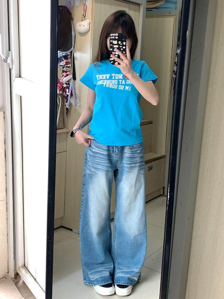 

Женские джинсы с широкими штанинами и складками, осенние, выстиранные, свободные, драпирующиеся, в стиле ретро, с высокой талией, тонкие прямые брюки, мешковатые длинные джинсы в стиле ретро-стритстайл для леди 4XL