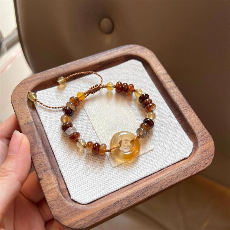 Lucky Peace Buckle Beaded Woven Bracelet for Women Retro Brown Handmade Ethnic Style Adjustable Bracelet Friendship Jewelry