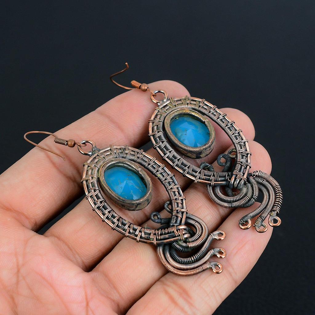 Blue Chalcedony 999 Copper Wire Wrapped Earrings, Handmade Gemstone Earrings Jewelry, Gifts For Wife Brand New Earrings