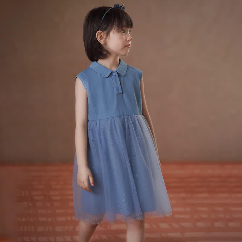 Hacikis Girls Summer Denim Spliced Midi Dress 130