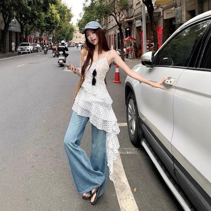 Korean Polka Dot Ruffle Leaf Edge Suspender Dress Women's Early Spring New Seaside Vacation Style Irregular Skirt Tide