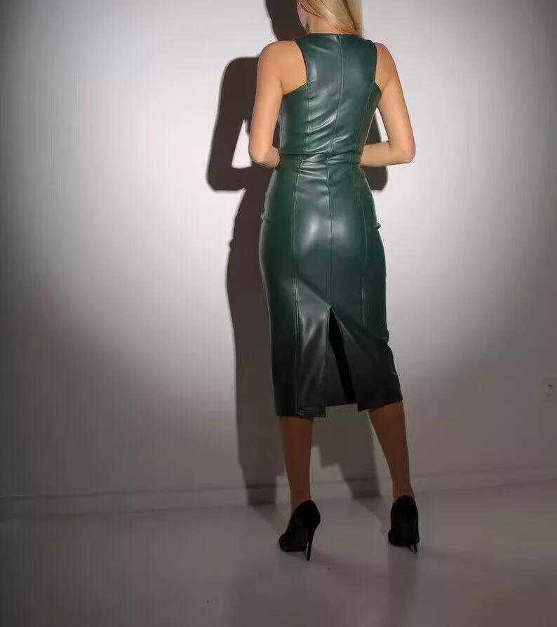 Klubbfest Stilfull Grön Damklänning Äkta Mjukt Lammskinn Läder Ärmlös