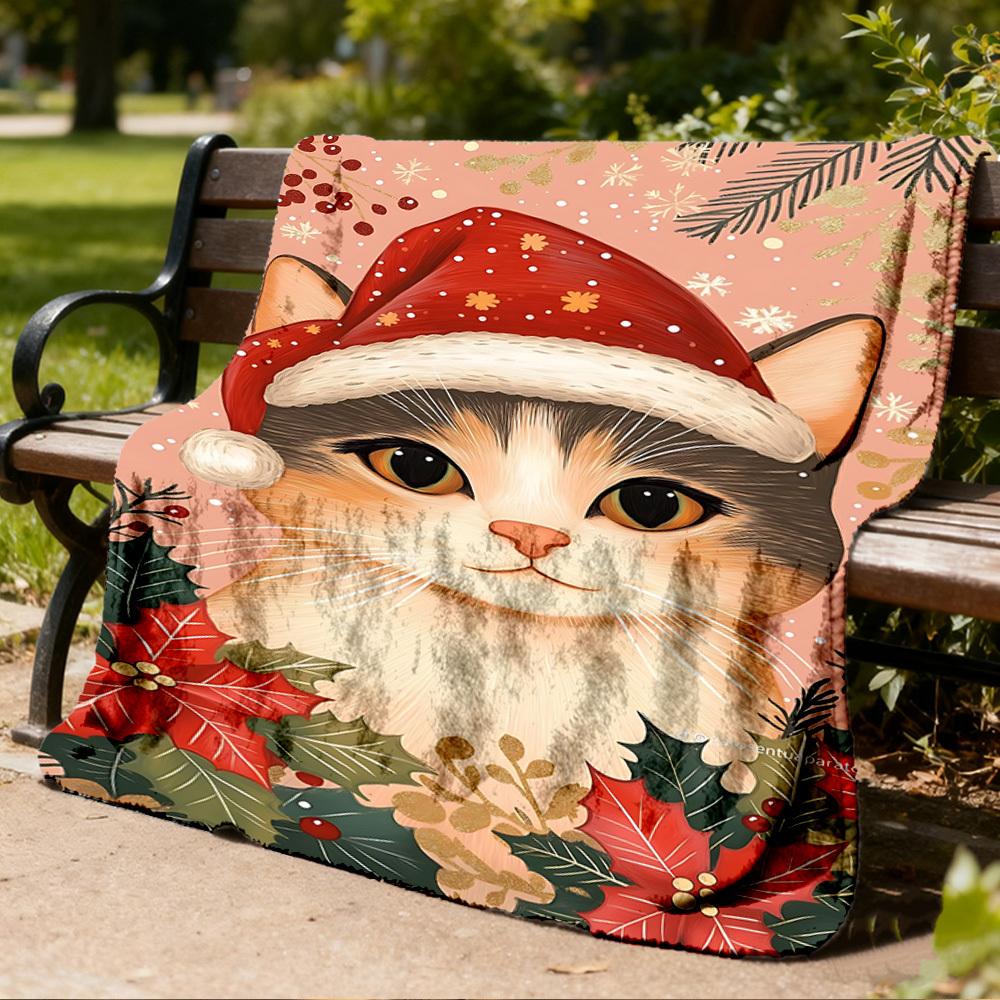 1pc Christmas Cat Decorations Outdoor Flannel Blanket , Machine Washable Perfect Gift for Birthday , Holiday Travel Accessory , Durable Material
