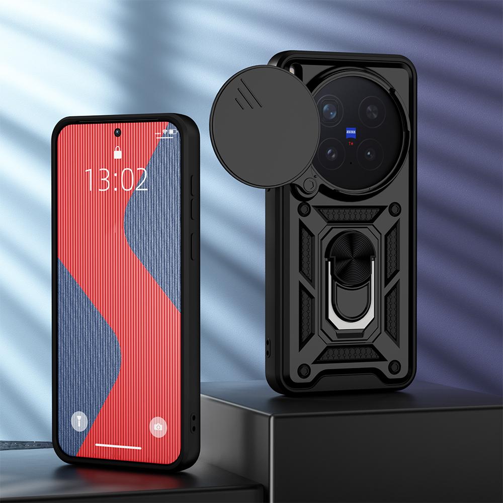 KEYSION Shockproof Armor Case for VIVO X300 Pro 5G Silicone+PC Slide Camera Lens Protection Ring Stand Phone Cover for VIVO X300