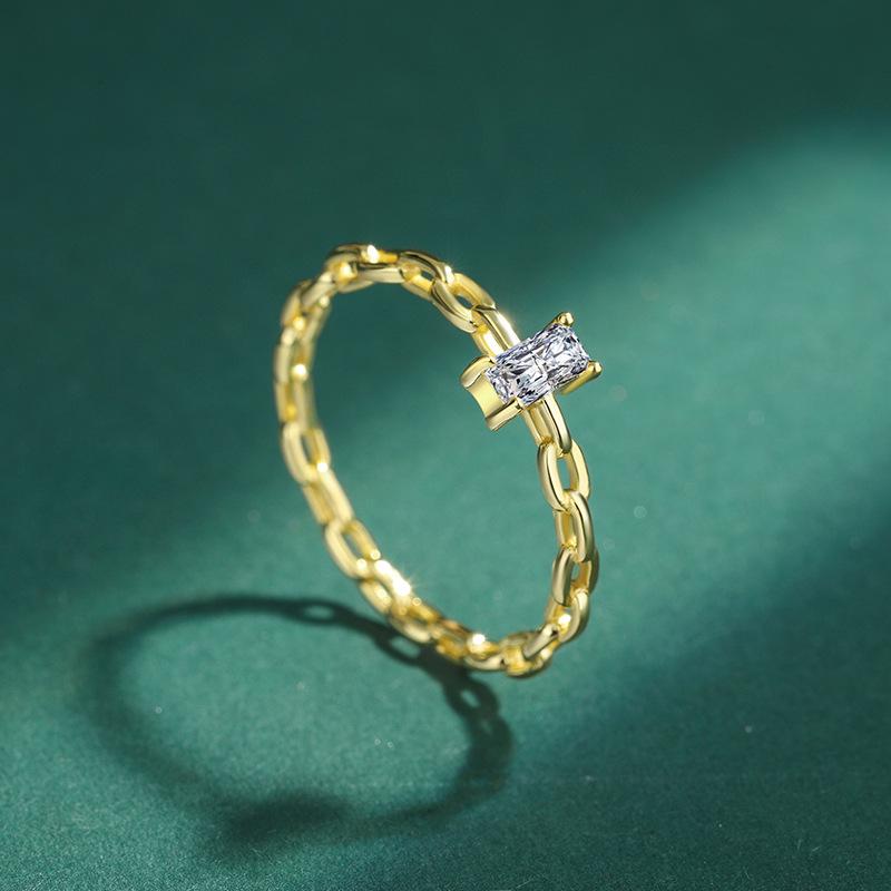 S925 Sterling Silver Square Diamond Chain Ring for Women - Light Luxury, Niche Design, High-End Exquisite Xiaohongshu Tail Ring