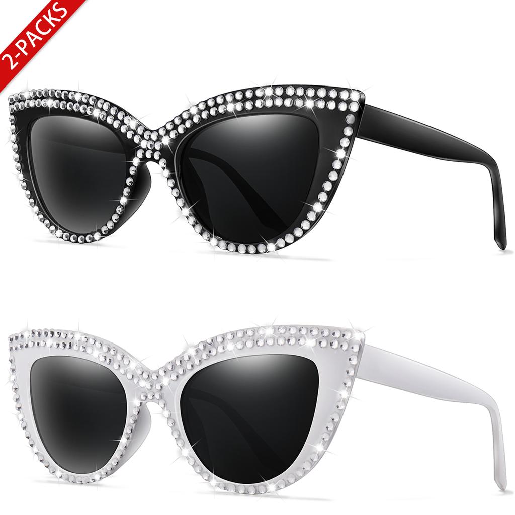 2 Pairs Trendy Glasses for Women Cat Eye Limation Diamond Beautiful Streetwear Decoration Eyewear for Party, Travel Vocation