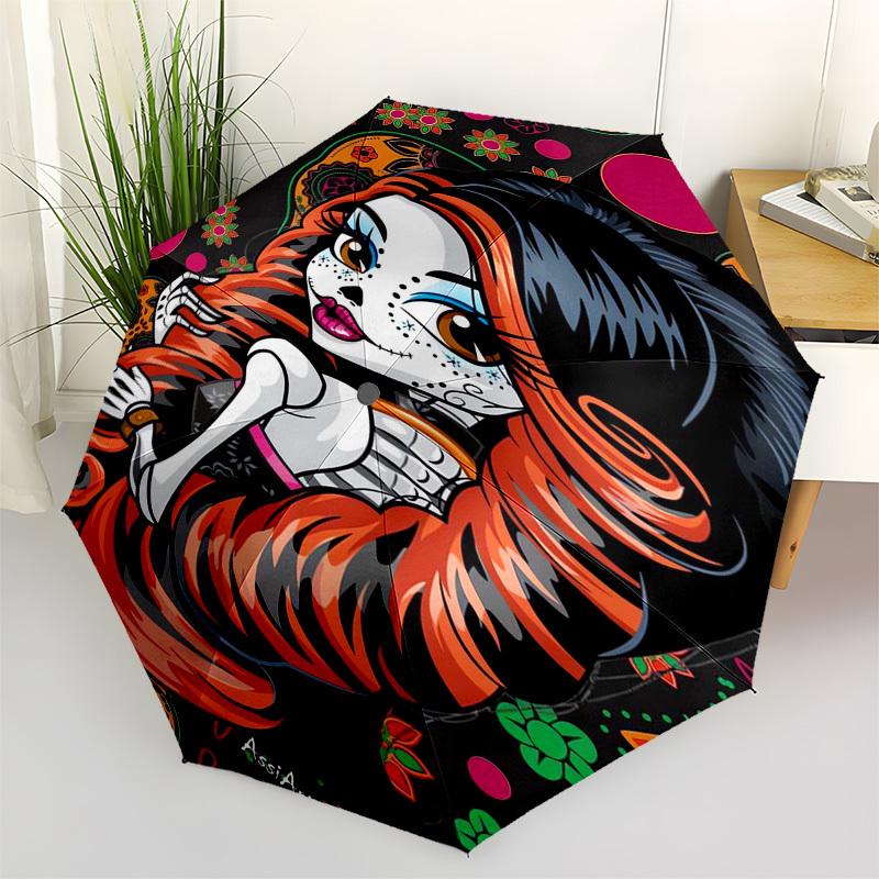 

Day of the Dead, Sugar Skull Themed Automatic Opening and Closing Umbrella, Compact Travel Umbrella, Lightweight and Portable, Suitable for