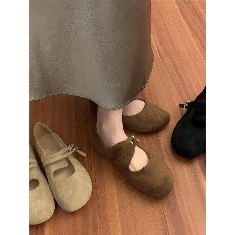 Mori literary and artistic style frosted leather Mary Jane shoes one-word buckle with shallow mouth round head flat-bottomed ballet shoes