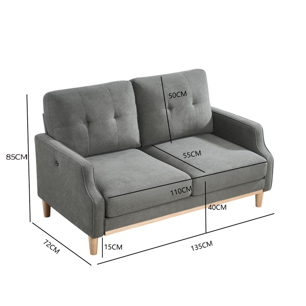 Canapé Deux Places avec Port de Charge USB et Pieds en Bois, Canapés en Tissu avec Coussin Épais pour Petit Appartement